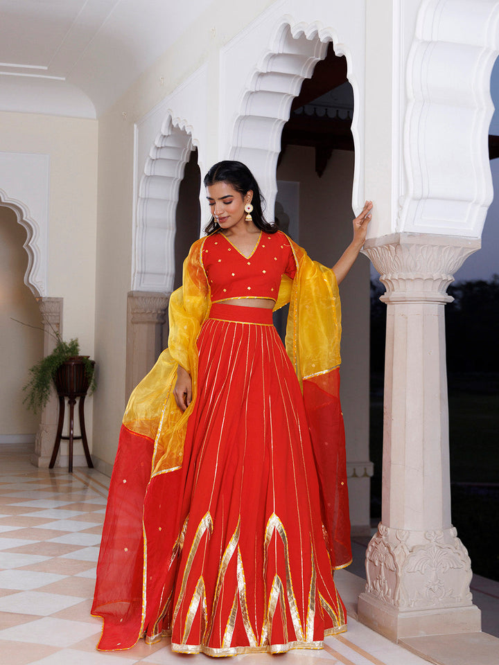 Red Alert and Yellow Cotton Lehenga Set BY RAGAVI