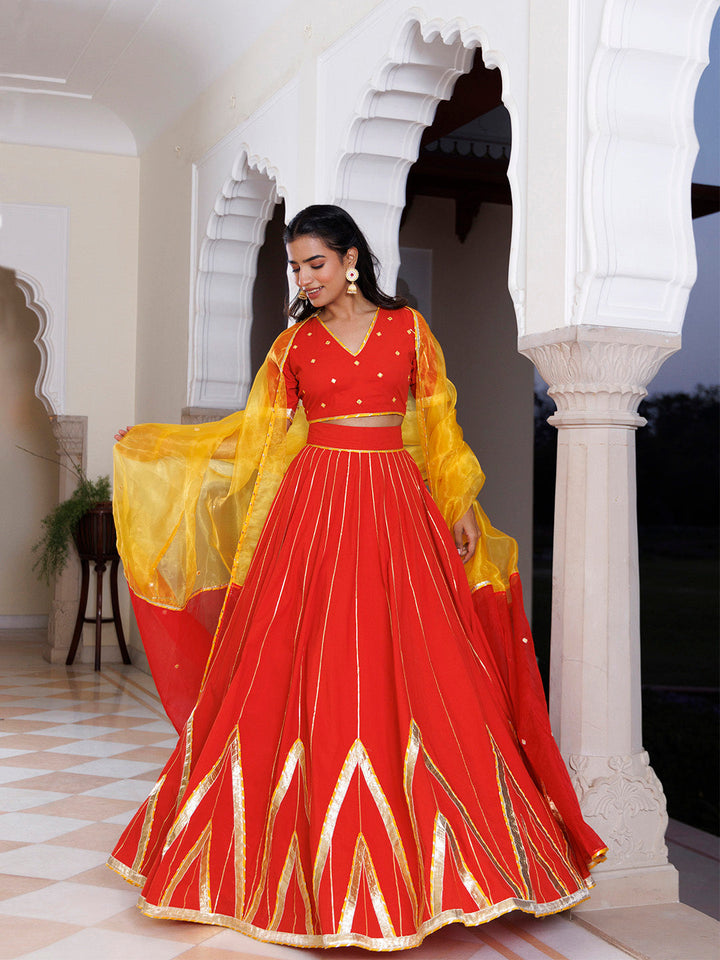 Red Alert and Yellow Cotton Lehenga Set BY RAGAVI