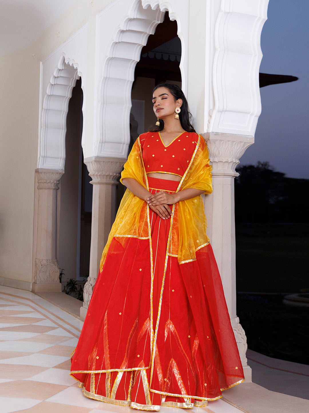 Red Alert and Yellow Cotton Lehenga Set BY RAGAVI