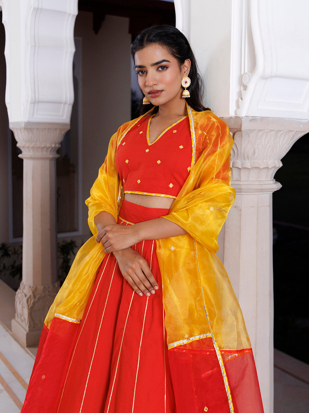 Red Alert and Yellow Cotton Lehenga Set BY RAGAVI