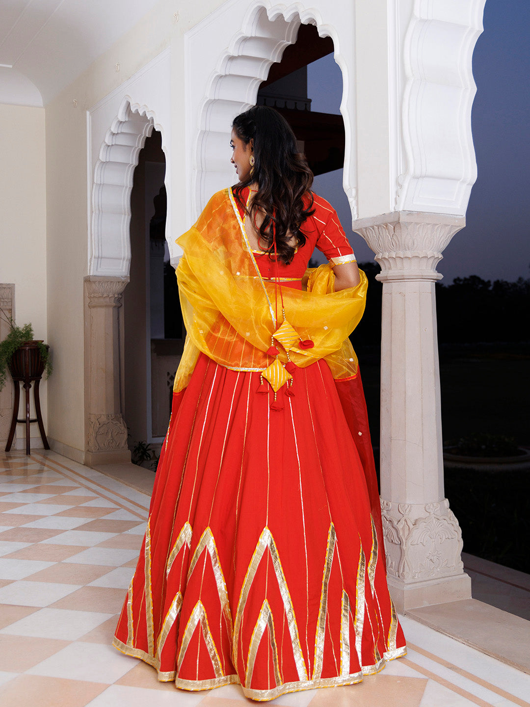 Red Alert and Yellow Cotton Lehenga Set BY RAGAVI