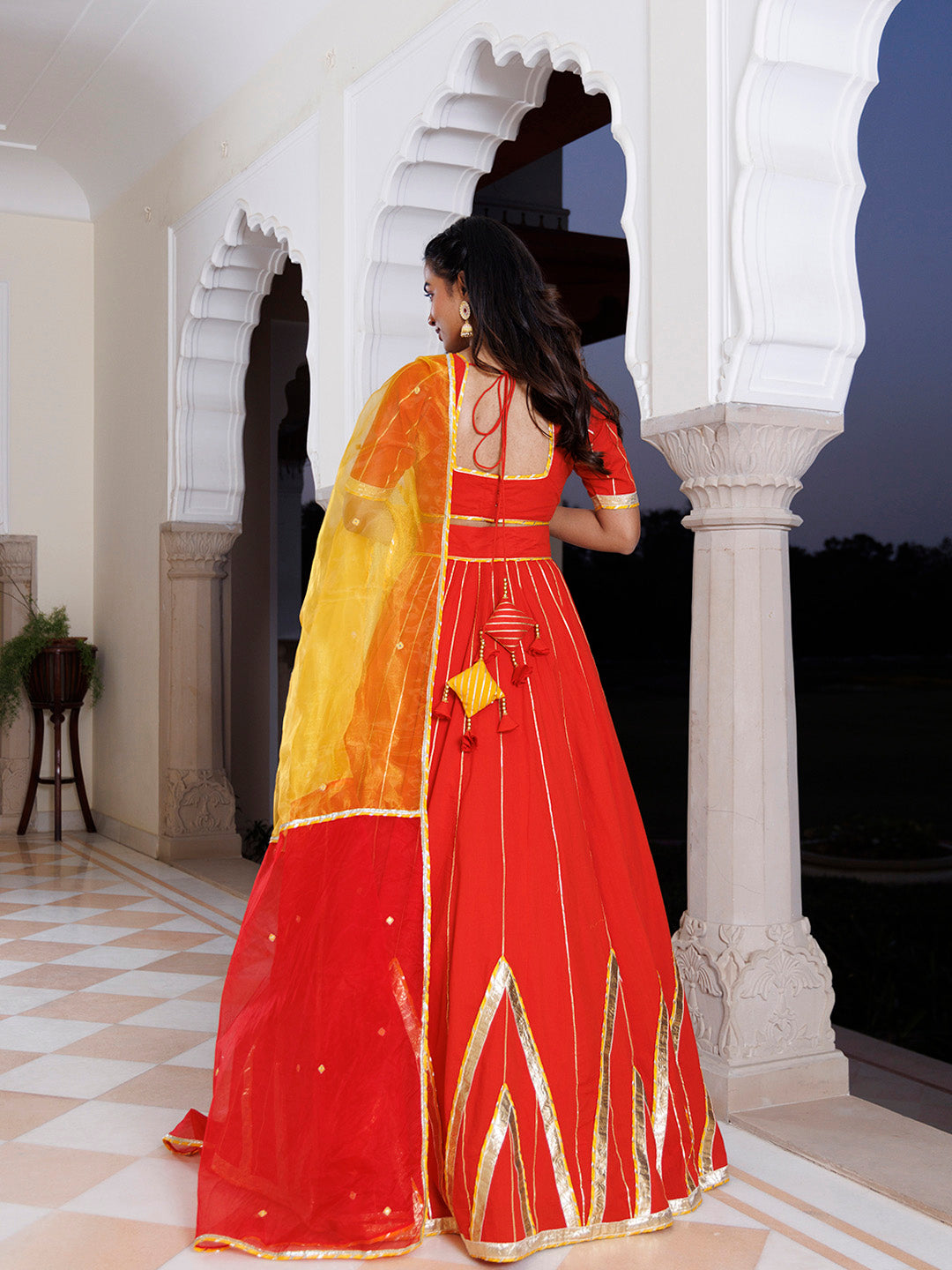 Red Alert and Yellow Cotton Lehenga Set BY RAGAVI