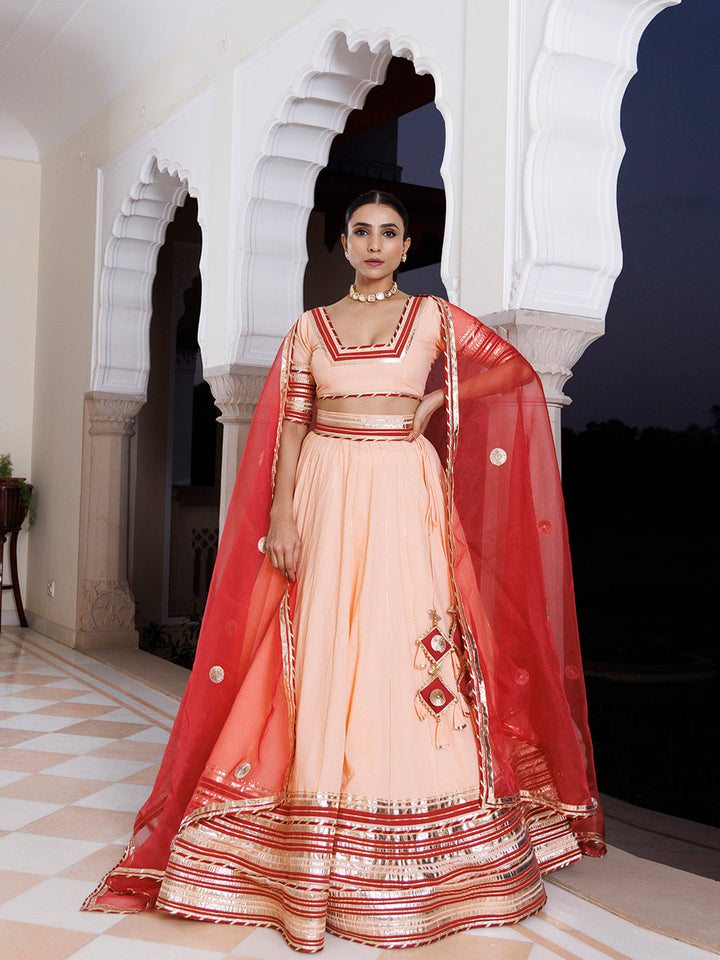 Vanilla Pink and Red Cotton Lehenga Set BY RAGAVI