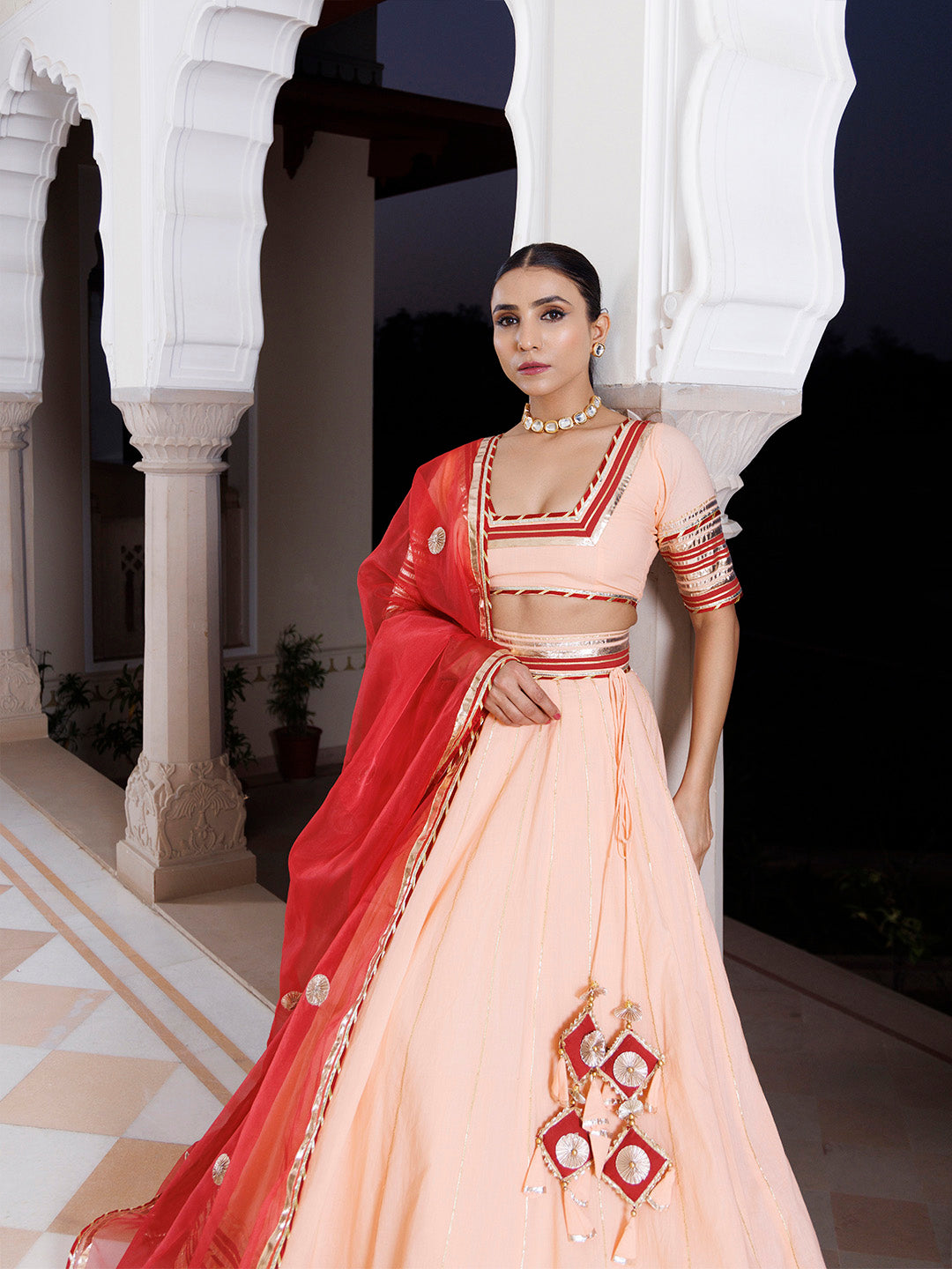 Vanilla Pink and Red Cotton Lehenga Set BY RAGAVI