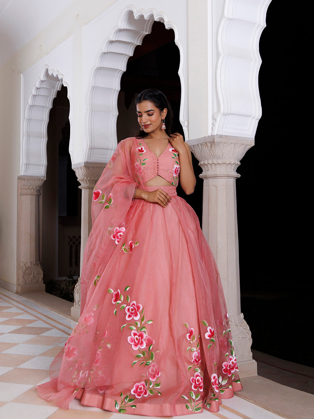 Eleganca in Bloom Pink Handpainted Organza Lehenga Set BY RAGAVI