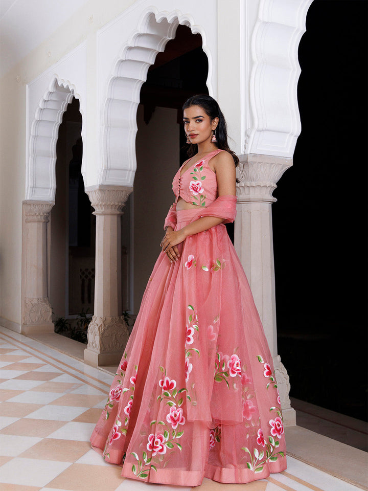 Eleganca in Bloom Pink Handpainted Organza Lehenga Set BY RAGAVI