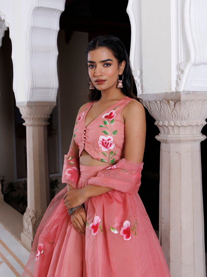 Eleganca in Bloom Pink Handpainted Organza Lehenga Set BY RAGAVI