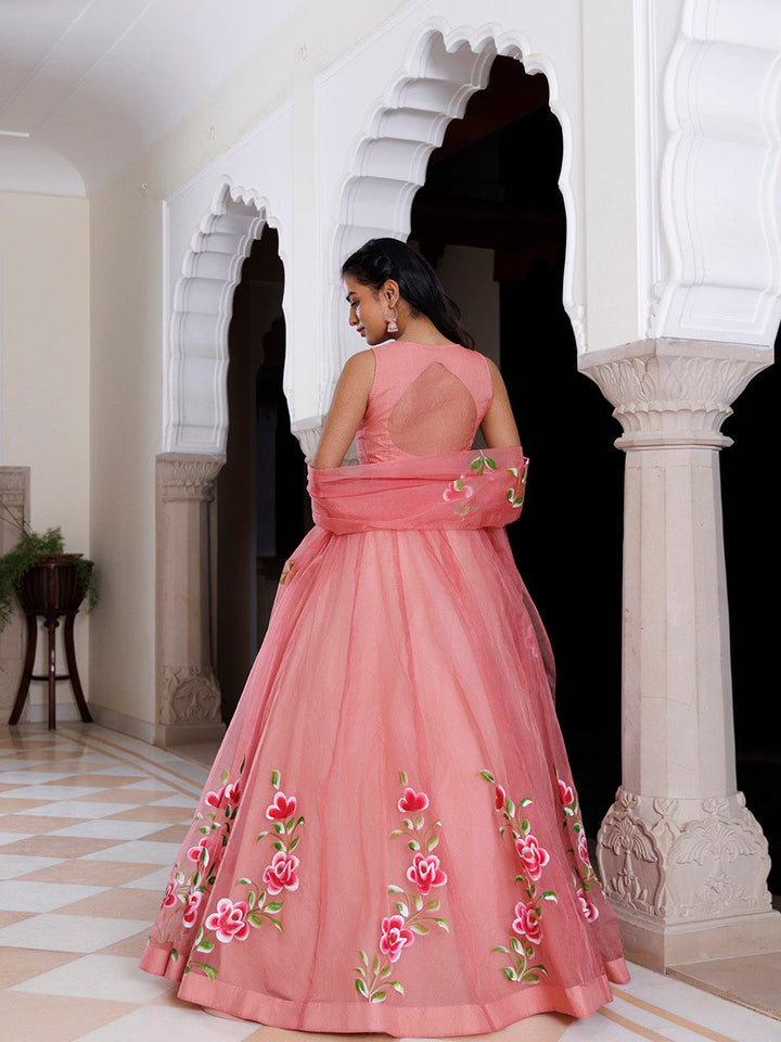 Eleganca in Bloom Pink Handpainted Organza Lehenga Set BY RAGAVI