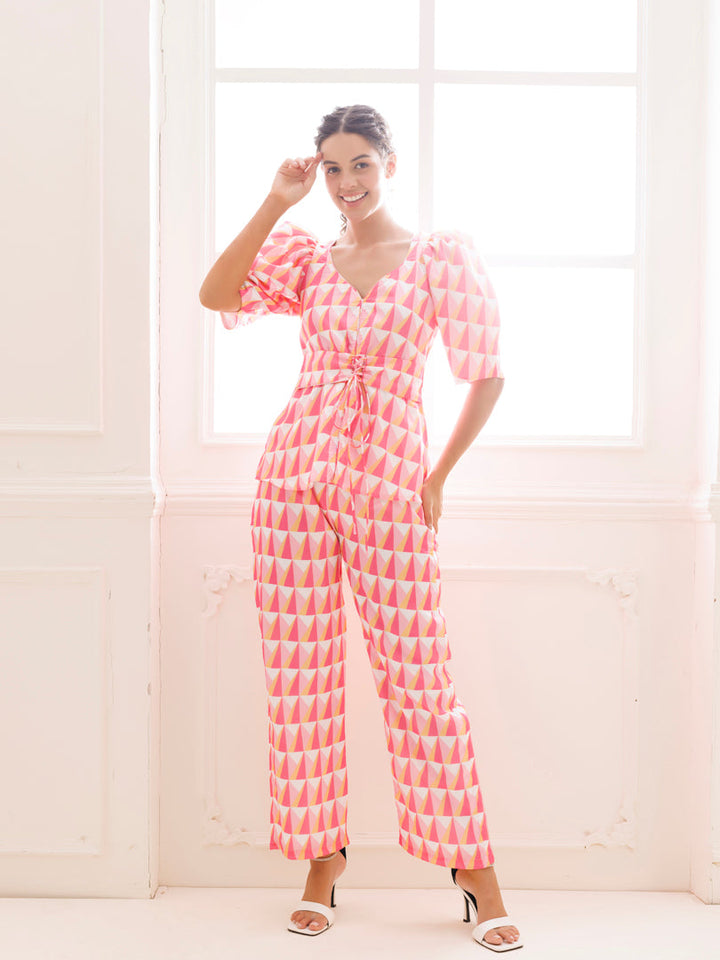 Porcelain Rose Pink Co-ord Set - By Ragavi, featuring a stylish crop top and high-waisted pants in a beautiful rose pink color with delicate porcelain patterns