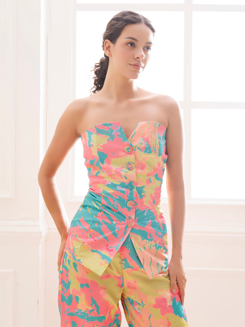 Beautiful pastel splash co-ord set featuring a matching top and skirt by Ragavi