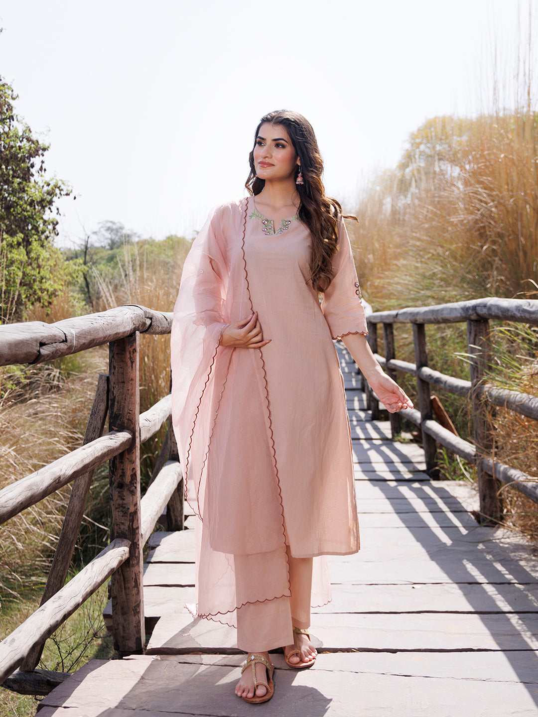 Mother Of Pearl Beige Cotton Embroidered Suit Set  - By Ragavi - qivii