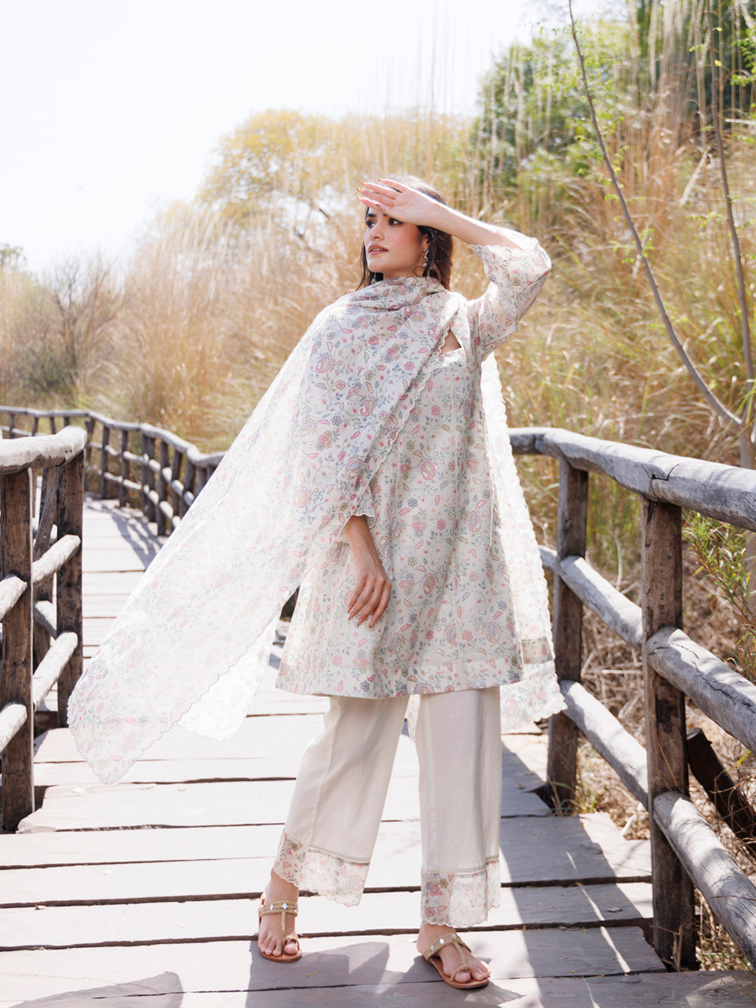 Warm Ivory Chanderi Suit Set  - By Ragavi - qivii