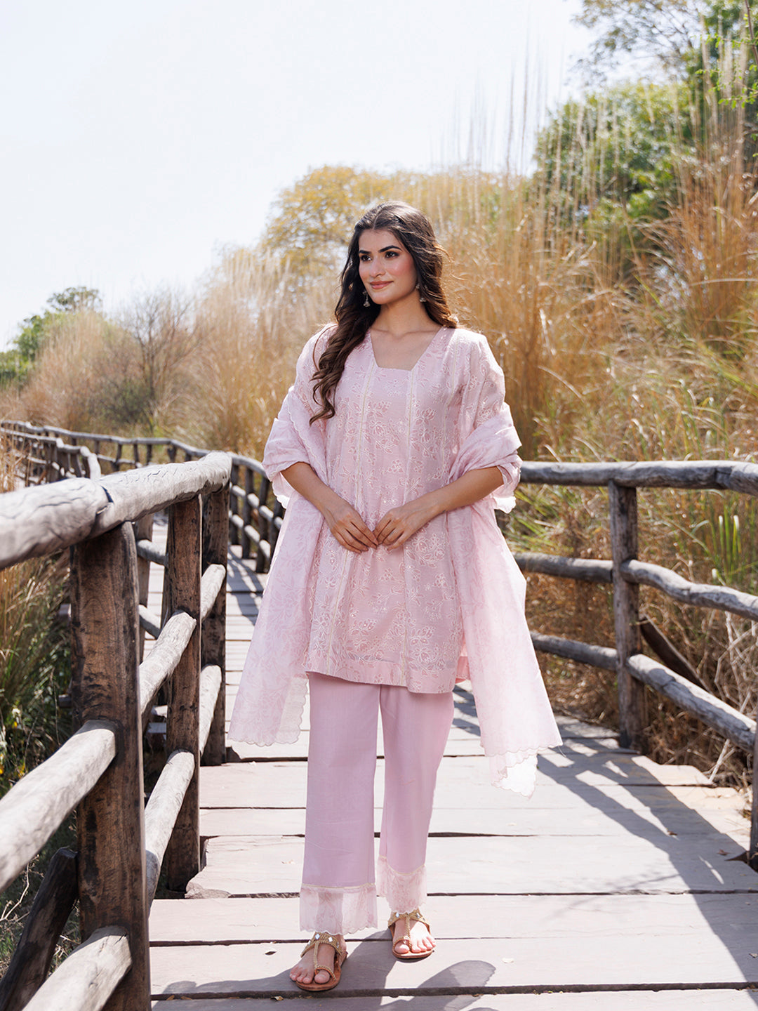 Tea Rose Pink Chanderi Suit Set  - By Ragavi - qivii