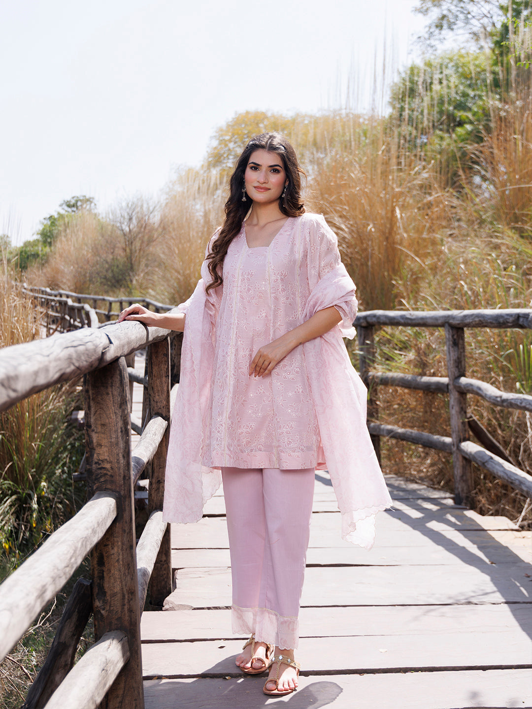 Tea Rose Pink Chanderi Suit Set  - By Ragavi - qivii
