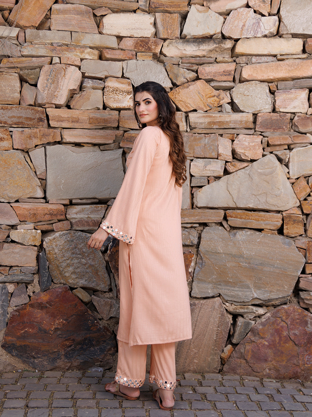 Peachy Keen Mirror Work Kurta Set  - By Ragavi - qivii