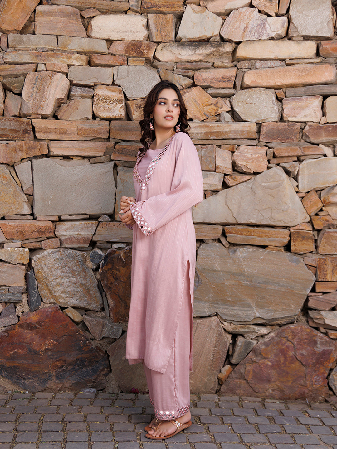Soft Pink Mirror Work Kurta Set  - By Ragavi - qivii