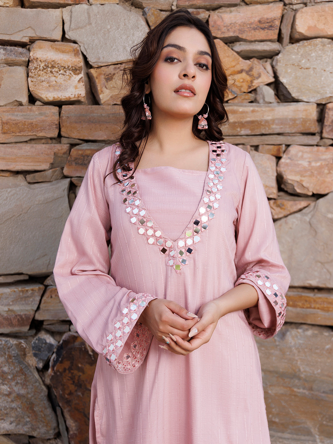 Soft Pink Mirror Work Kurta Set  - By Ragavi - qivii