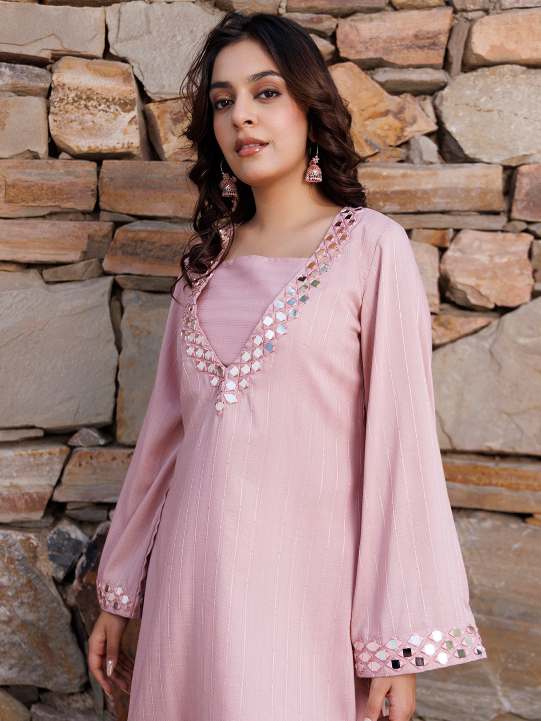 Soft Pink Mirror Work Kurta Set  - By Ragavi - qivii