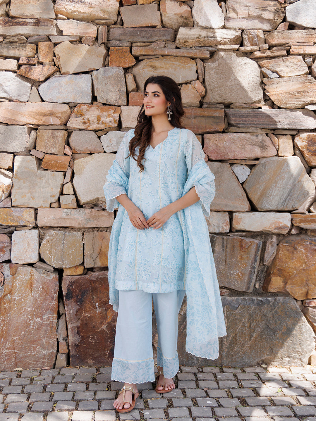 Diamond Blue Chanderi Suit Set  - By Ragavi - qivii