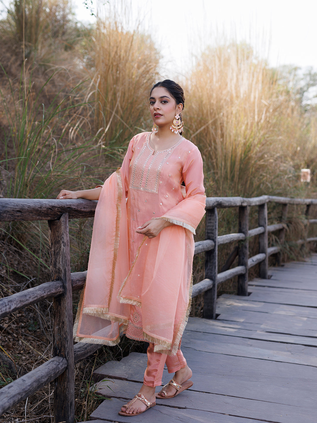 Peach Nectar Embroidered Silk Suit Set