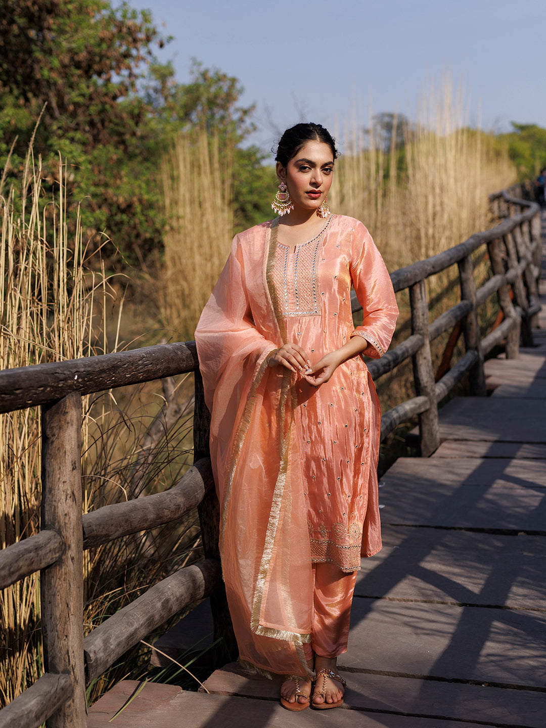 Peach Nectar Embroidered Silk Suit Set