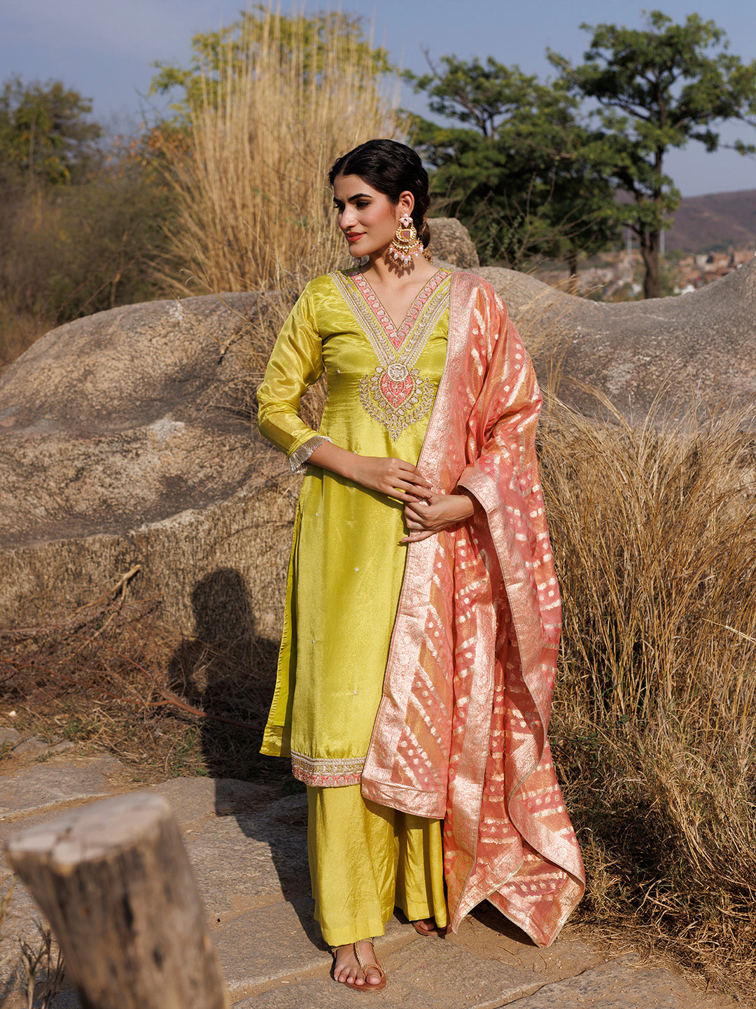 Aurora Yellow Tissue Shimmer Suit Set  - By Ragavi - qivii