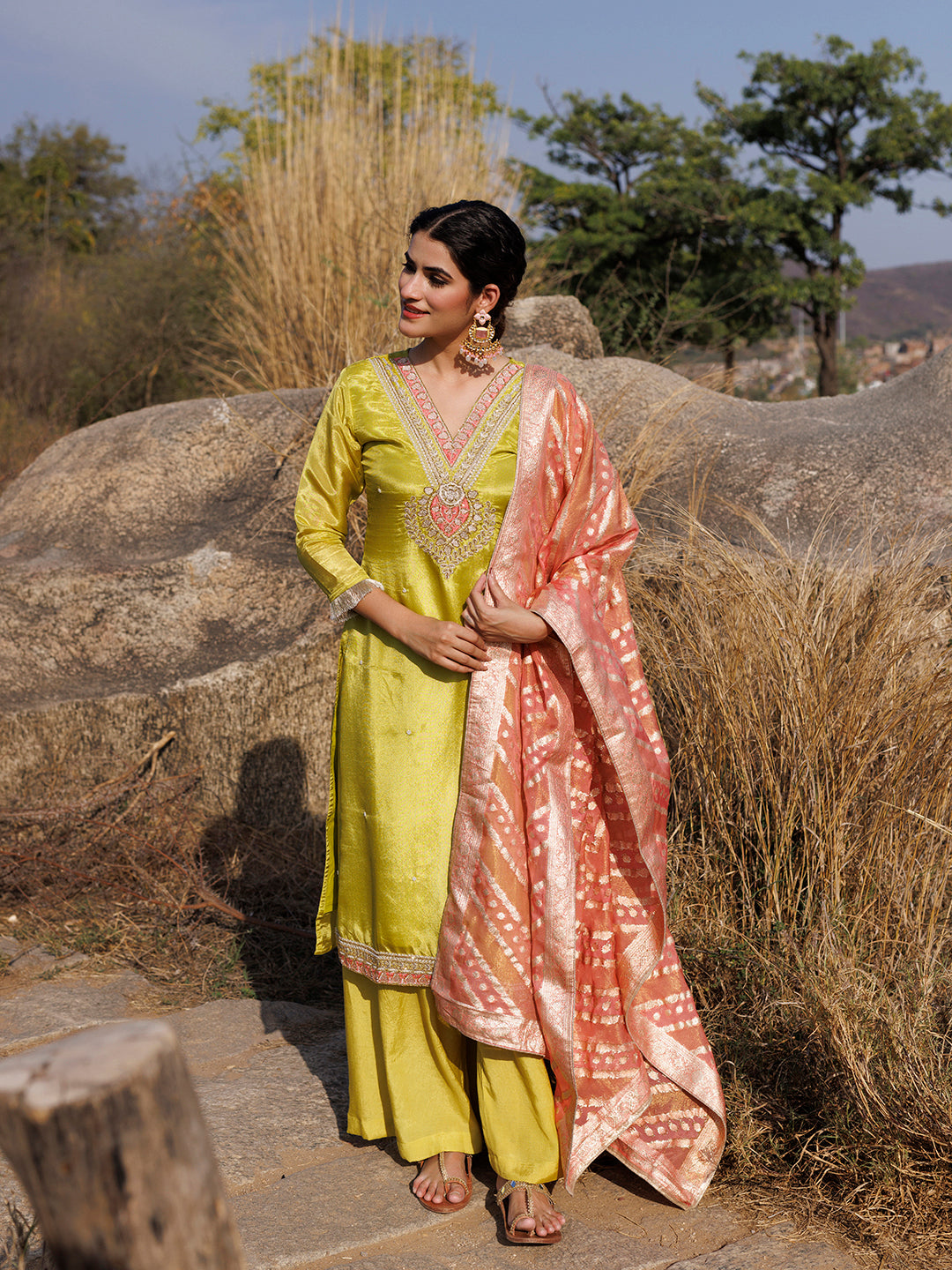 Aurora Yellow Tissue Shimmer Suit Set  - By Ragavi - qivii