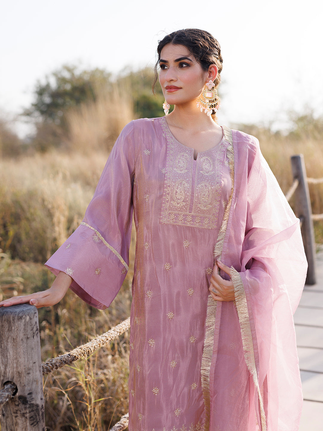 Moonlite Mauve Embroidered Silk Suit Set
