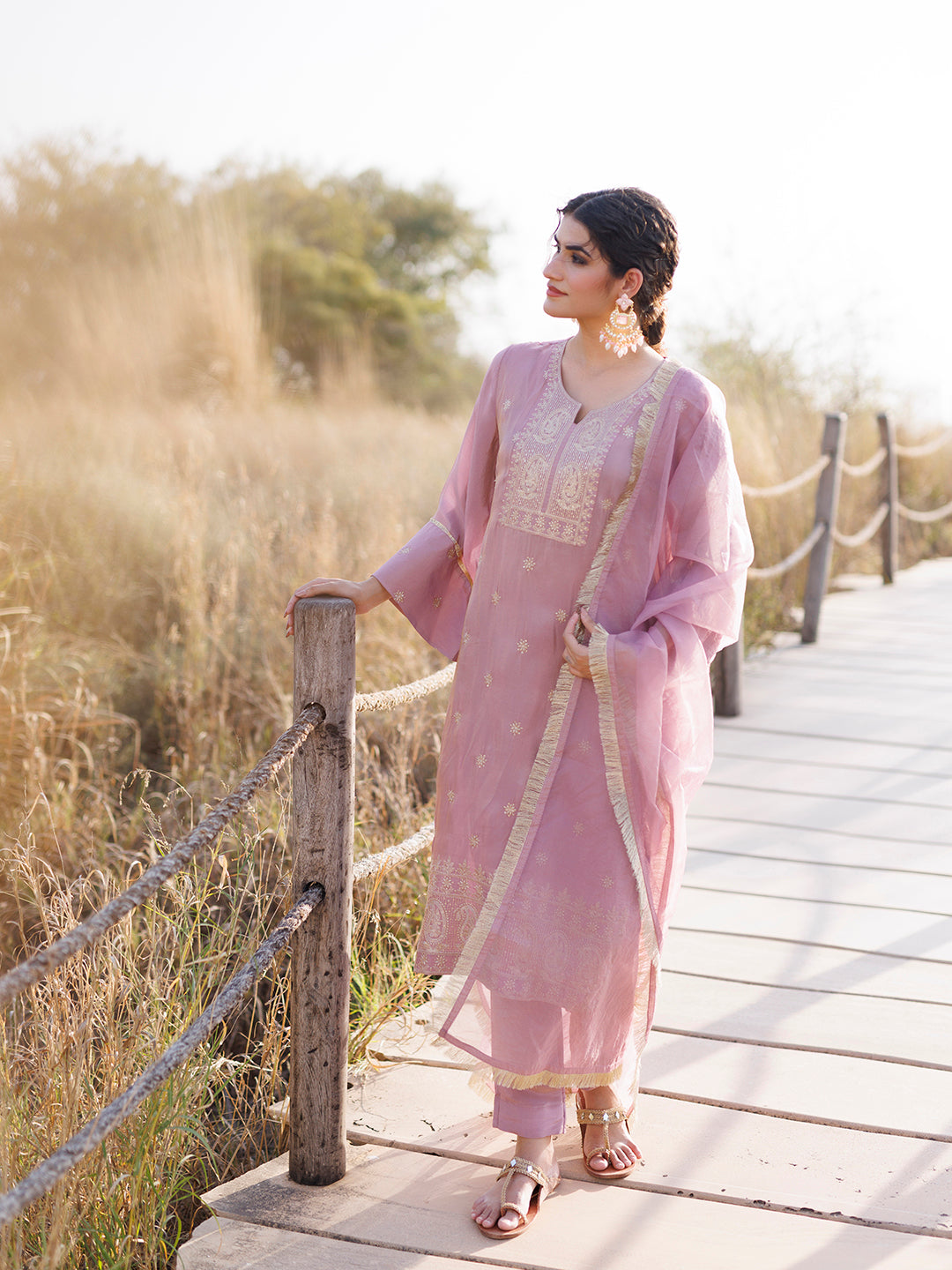 Moonlite Mauve Embroidered Silk Suit Set