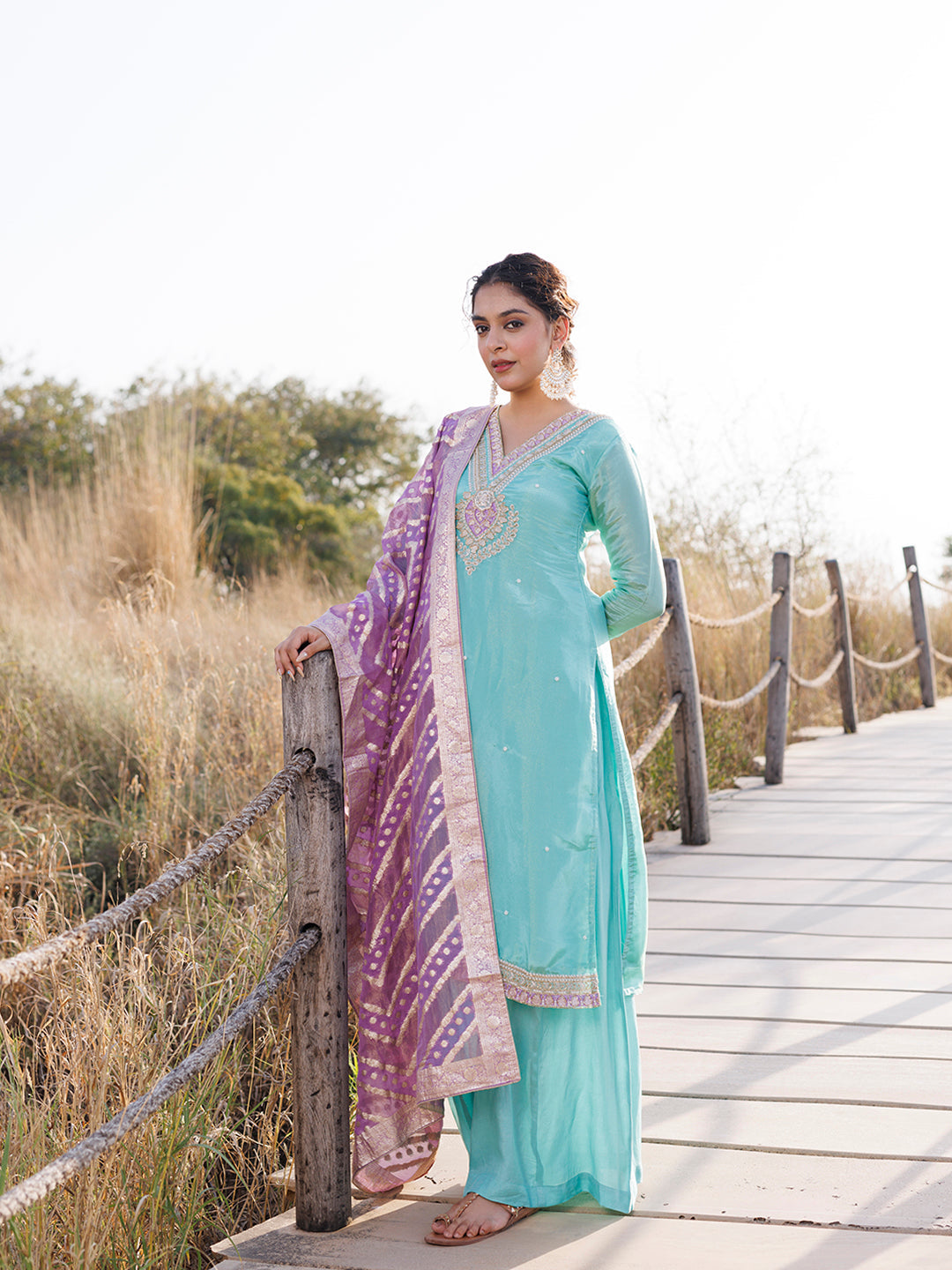 Opal Blue Tissue Shimmer Suit Set  - By Ragavi - qivii