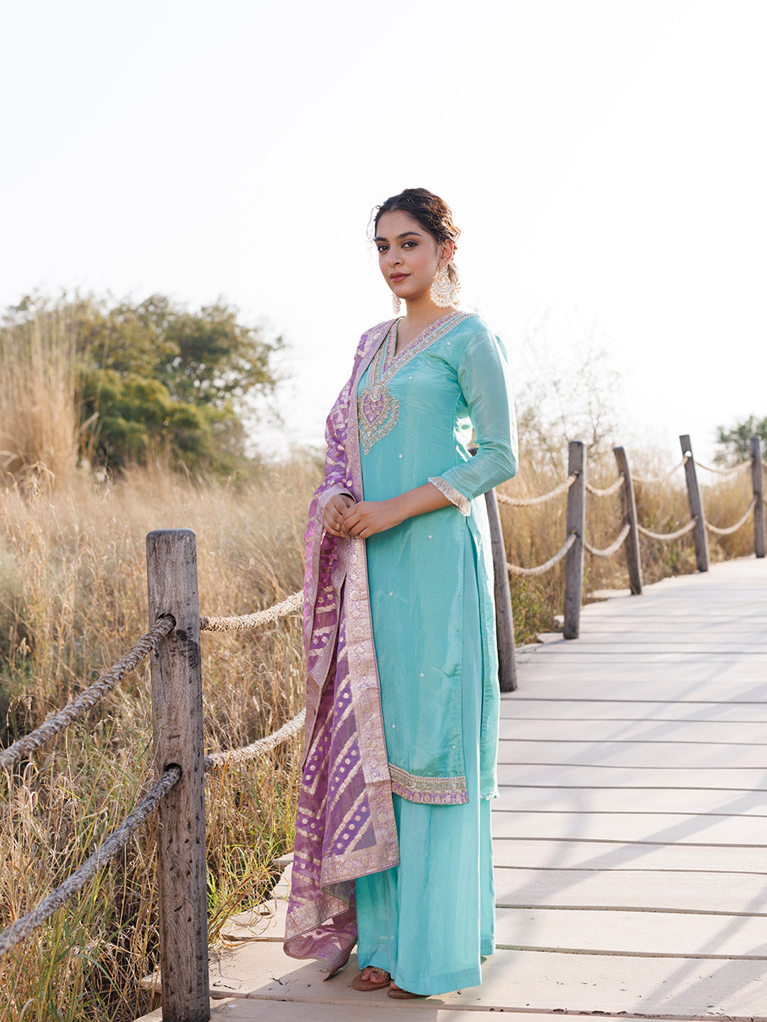 Opal Blue Tissue Shimmer Suit Set  - By Ragavi - qivii