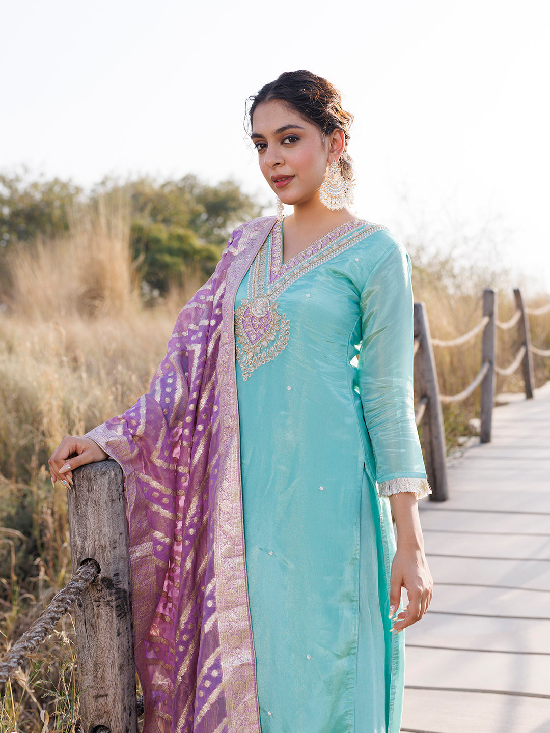 Opal Blue Tissue Shimmer Suit Set  - By Ragavi - qivii