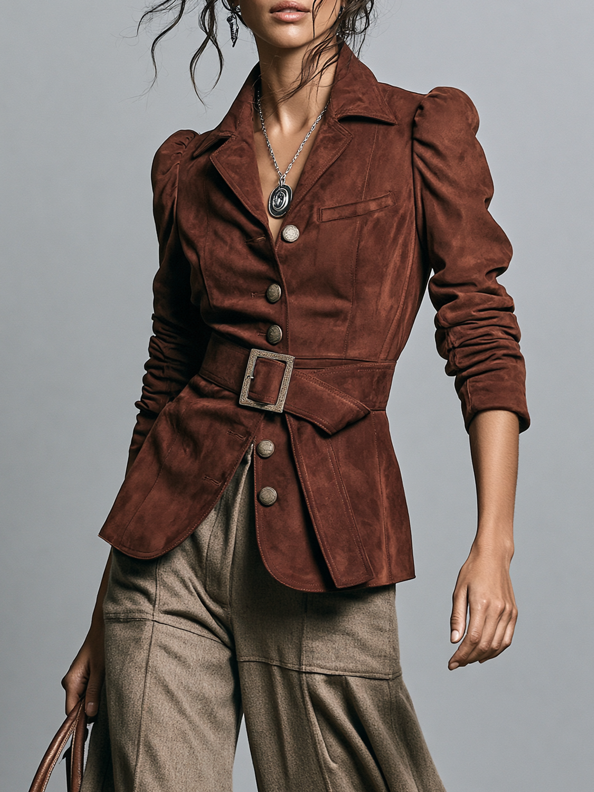 Women's Vintage Single-Breasted Belted Suede Blazer