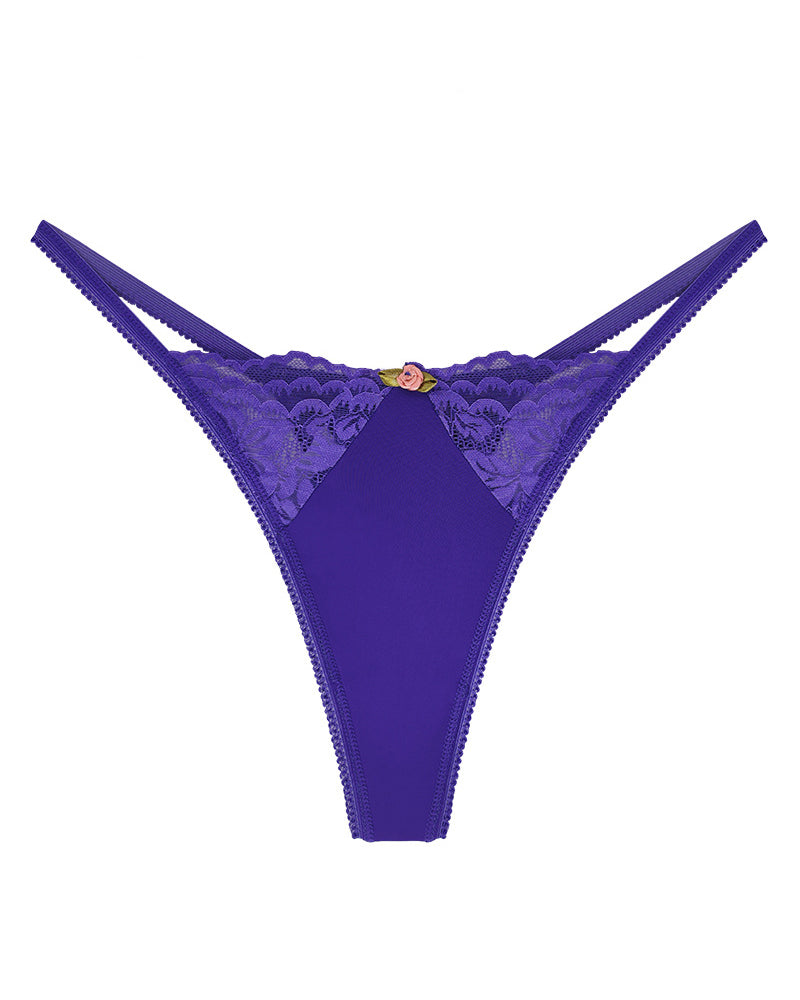 Sexy Lace Hollow Out Elastic Thong Low Rise Flower Decor Bikini Panties  - By Qivii