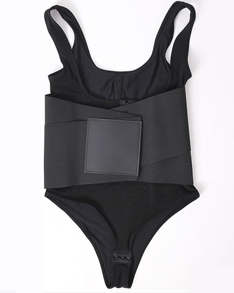 Women Low Back Tummy Control Thong Bodysuit Shapewear with Reinforced belt  - By Qivii