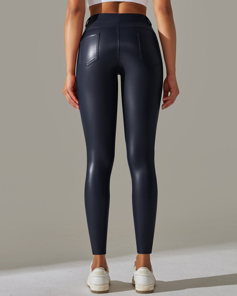 PU leather Pants High Waist Tight Sports Yoga Pants Slim  - By Qivii