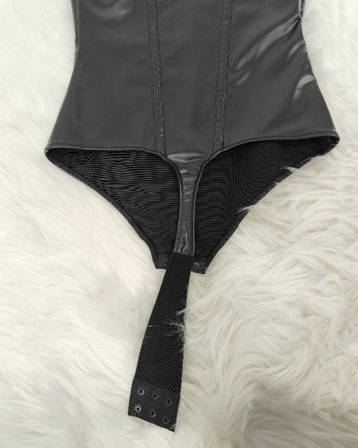 Shapshe® Shapewear Leather Lace Balconette Thong Sculpting Bodysuit  - By Qivii