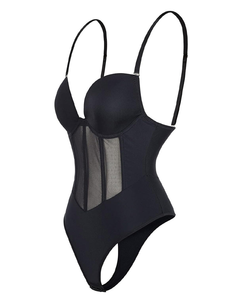 Sexy Mesh Shapewear Corset Backless Thong Bodysuit With Built-in Bra  - By Qivii