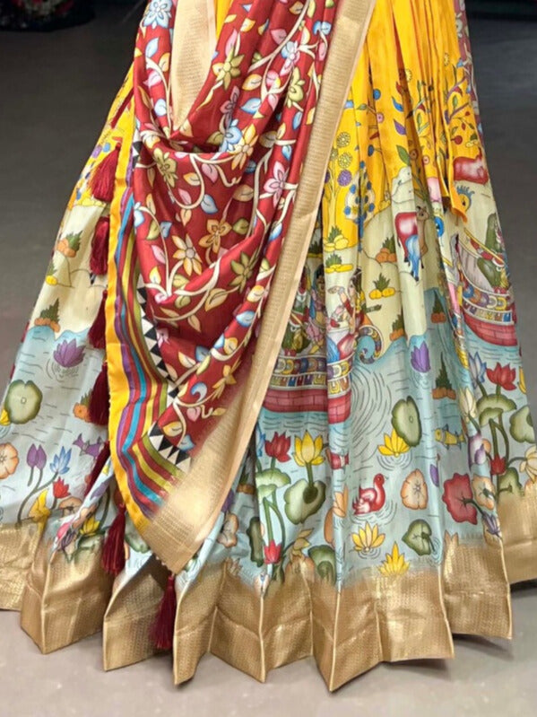 Dola Silk Kalamkari Print With Weaving Border Lehenga Choli In Yellow Color