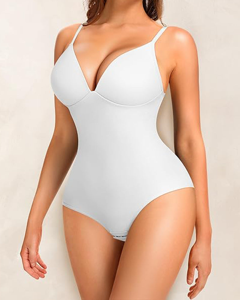 Deep V-Neck Smooth Tummy Control Bodysuits Shapewear with Built in Bra  - By Qivii