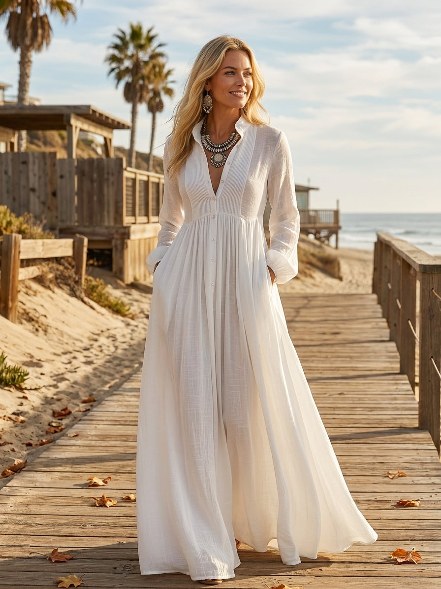 Women's Minimalist Tencel And Linen Patchwork Single-breasted Stand-up Collar Long-sleeved Maxi Dress MDA0658K6Y