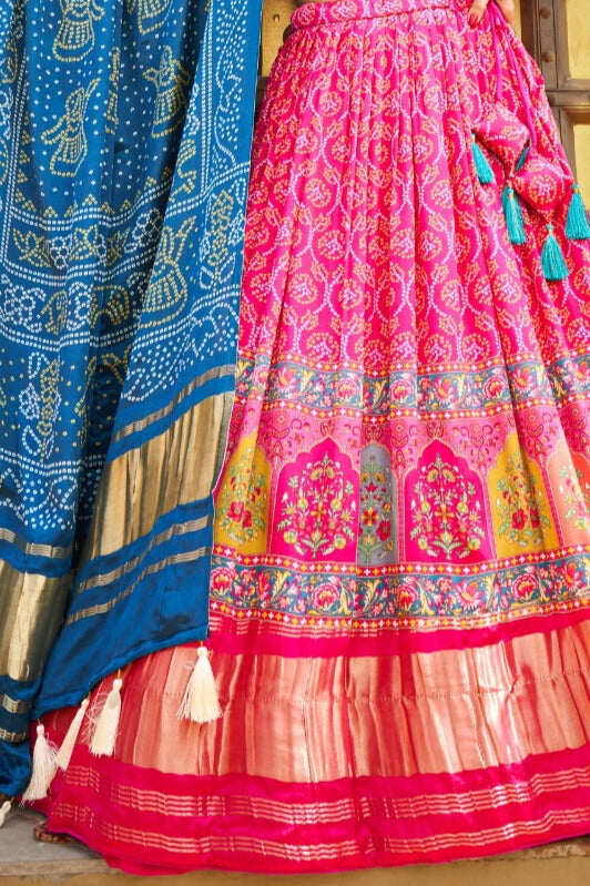 Pink Color Digital Printed gaji Silk Lehenga