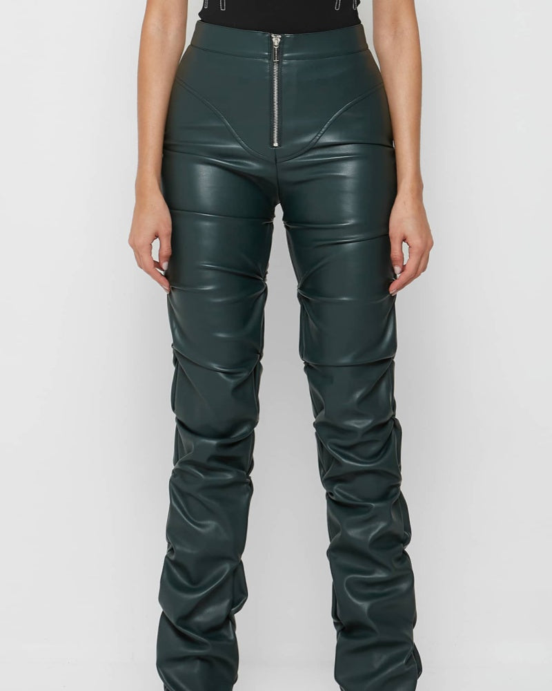 PU Leather Personalized Pleated Flared Pants  - By Qivii