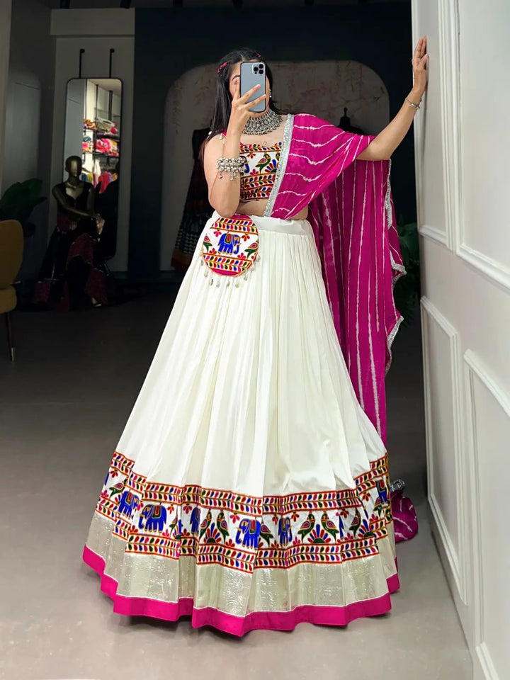 White Elegant Gamthi Work Lehenga and Leheriya Dupatta for Navratri