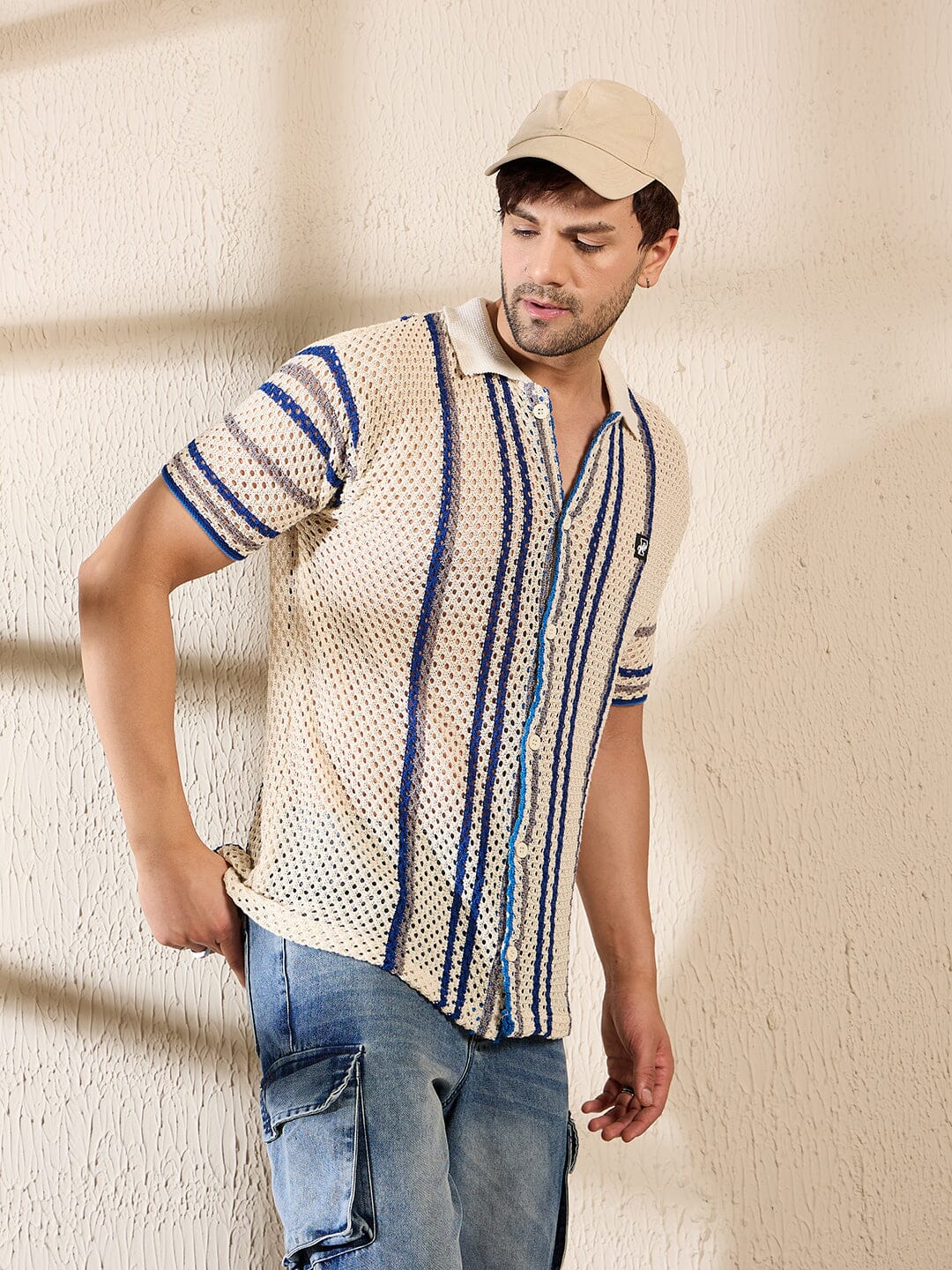 Off White Navy Striped Crochet Knitted Shirt - qivii