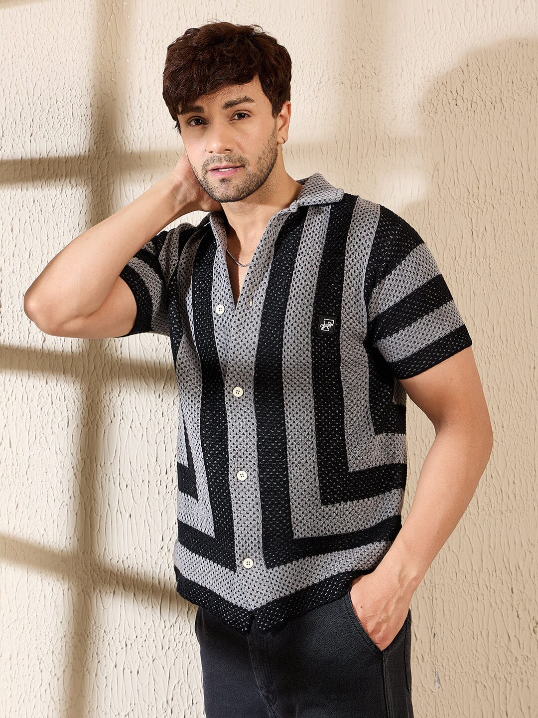 Grey & Black Striped Crotchet Knitted Shirt - qivii