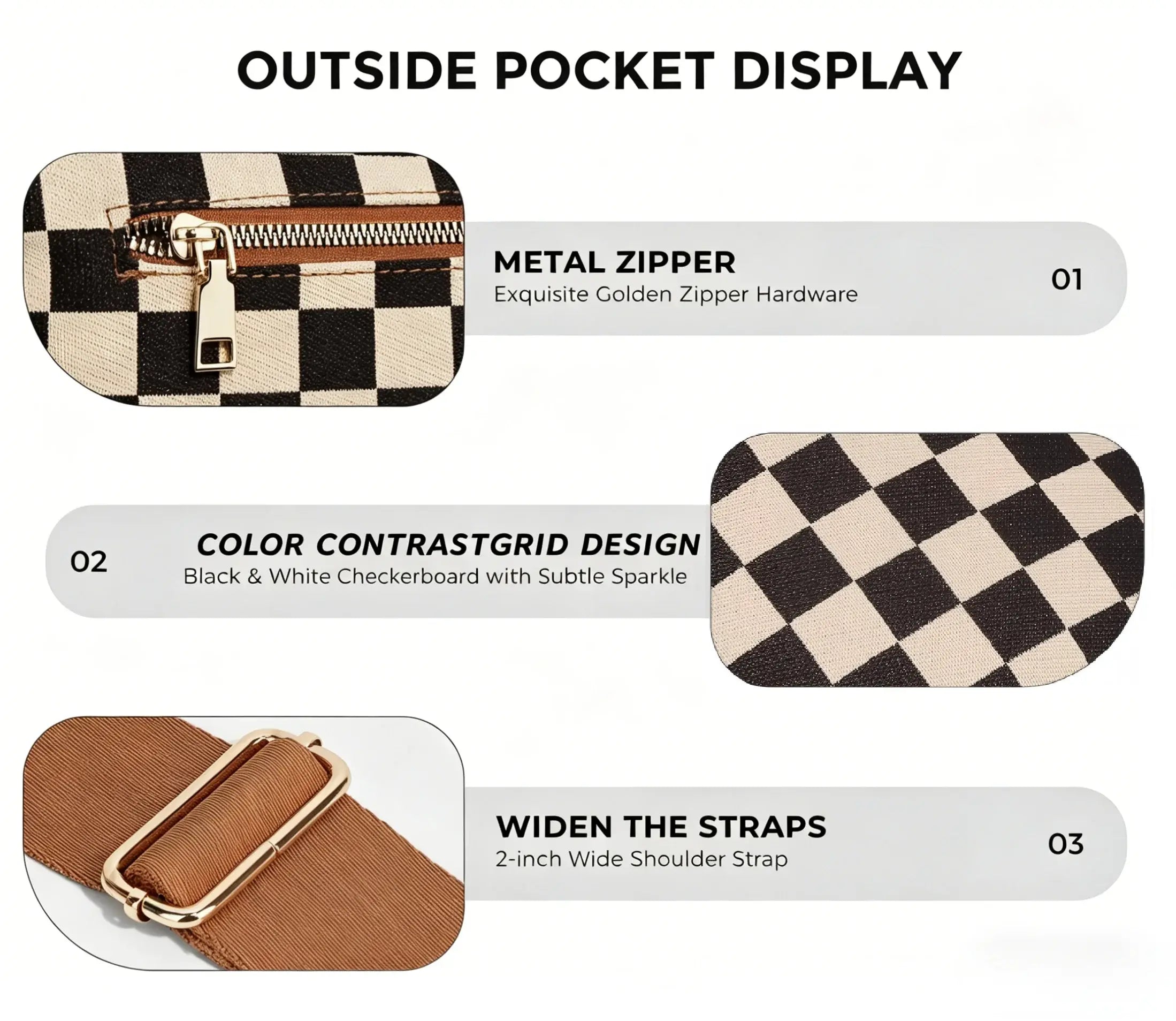 Ounamei Checkered Crossbody Bum Bag for Women Large Capacity Belt Bag for Moms & Everyday Travel