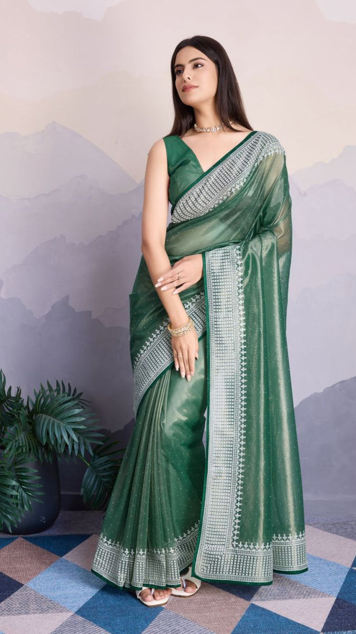 Green Color Maharani Style Broad Embroidered Saree