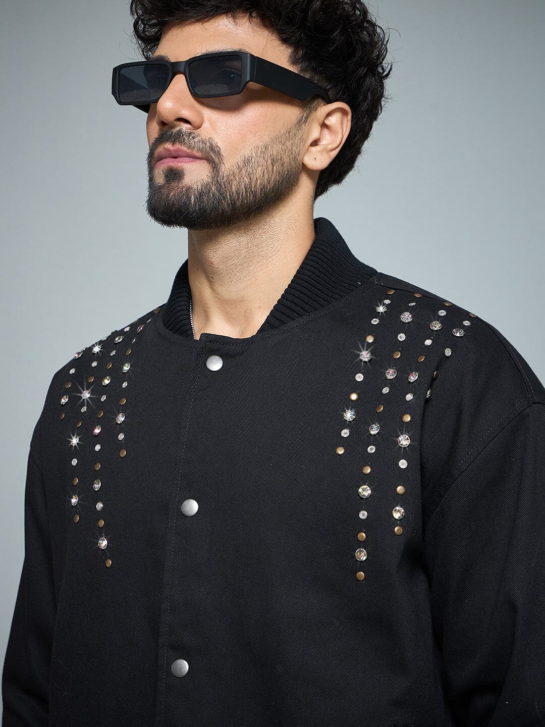 Black Twill Studded Bomber Jacket