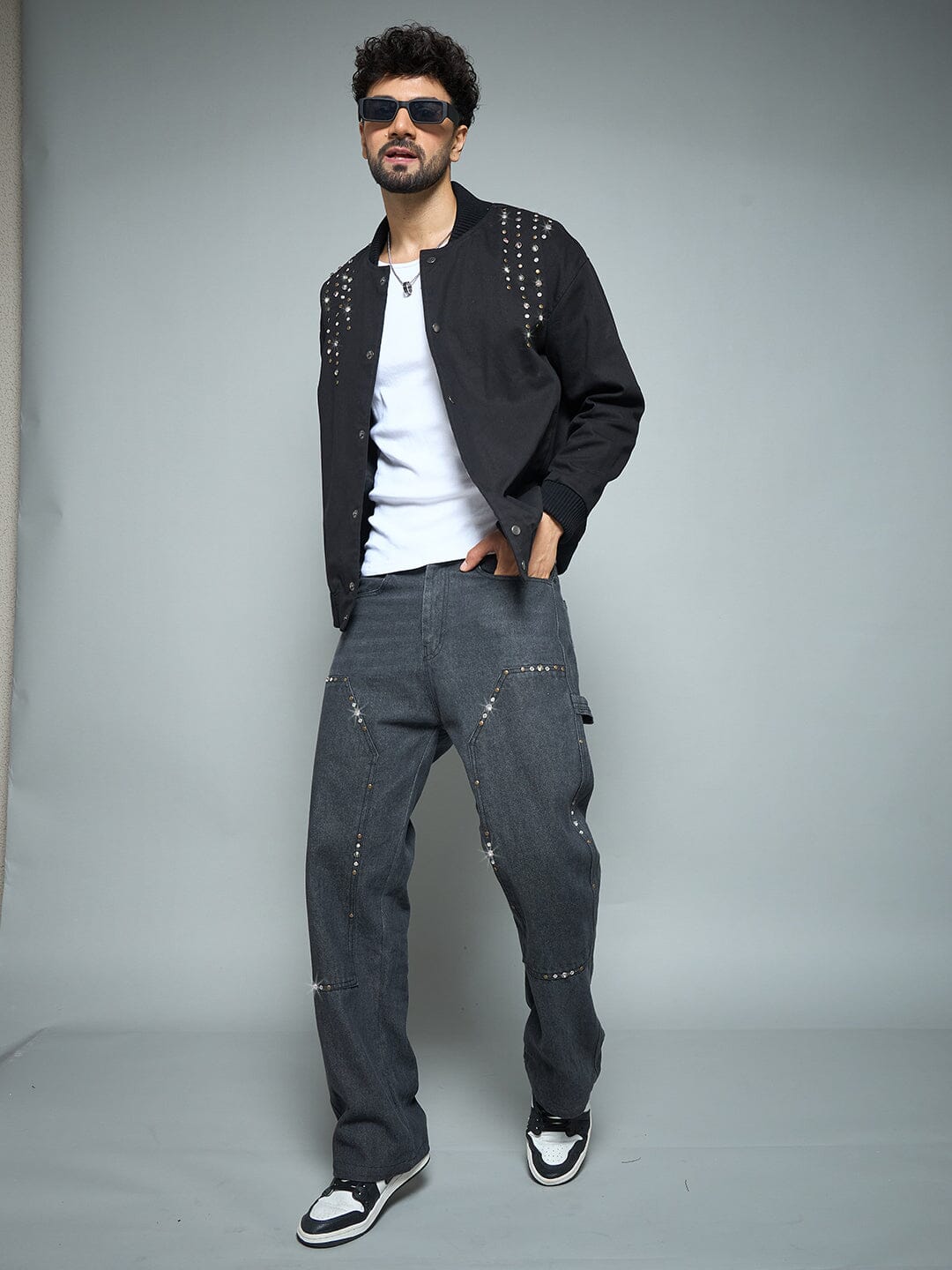 Black Twill Studded Bomber Jacket